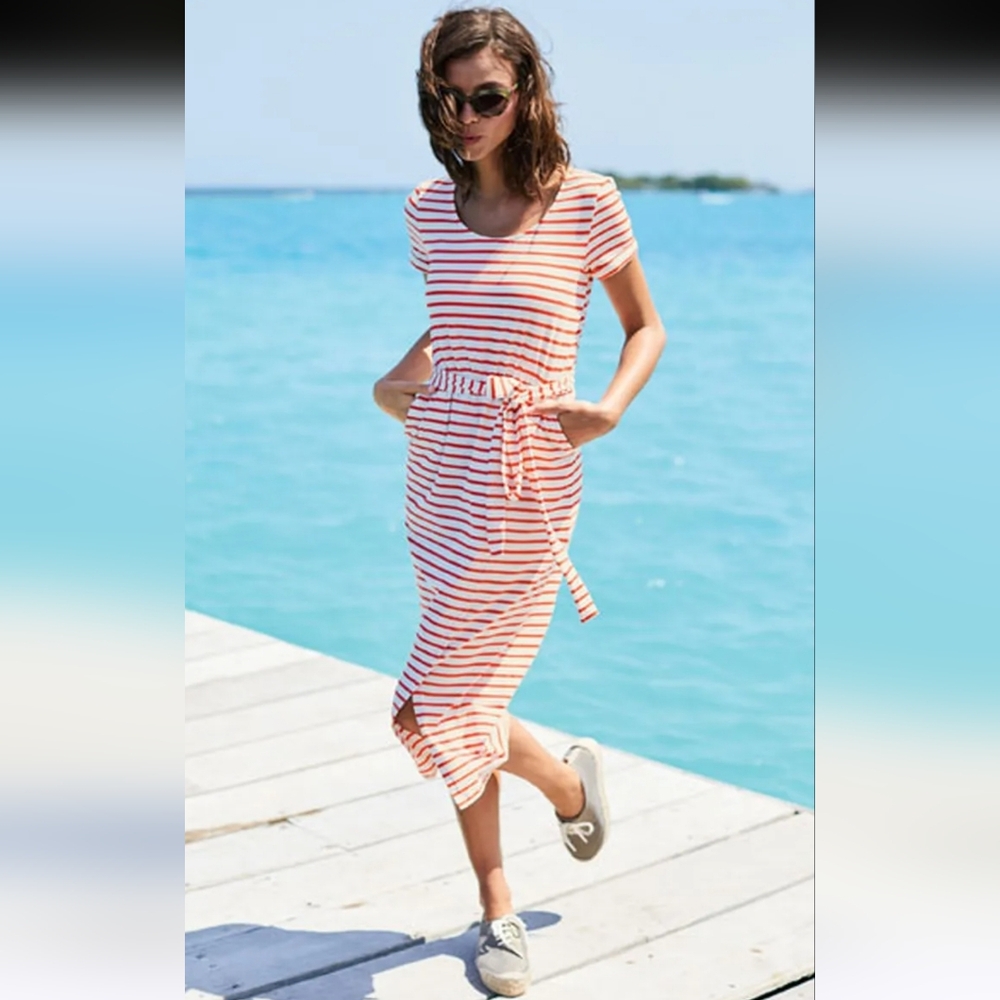 Boden White and Coral Striped Midi Dress
